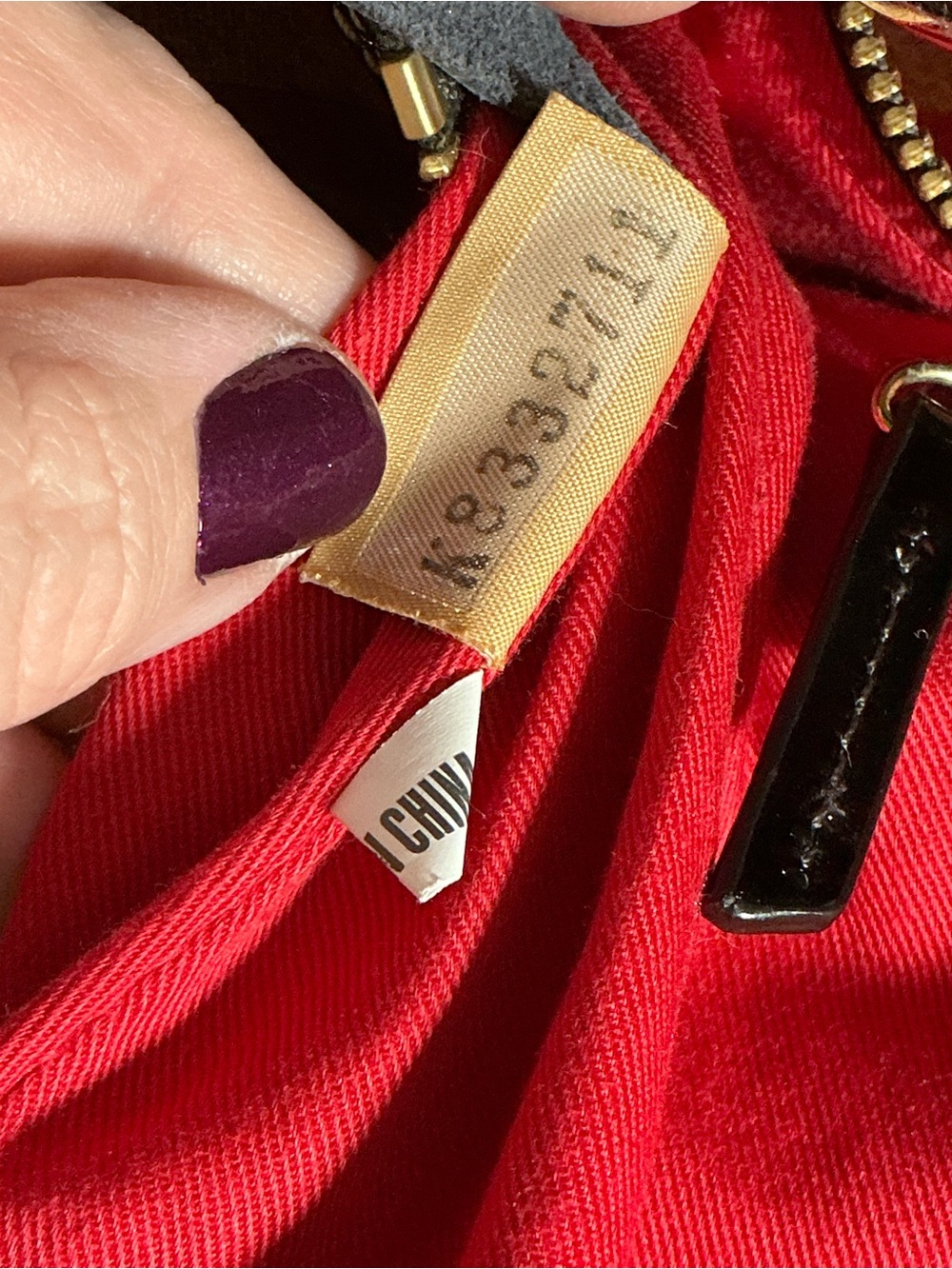 Dooney & Bourke Red and Beige Zebra Stripe Tote with Patent Black Trim - Picture 14 of 16